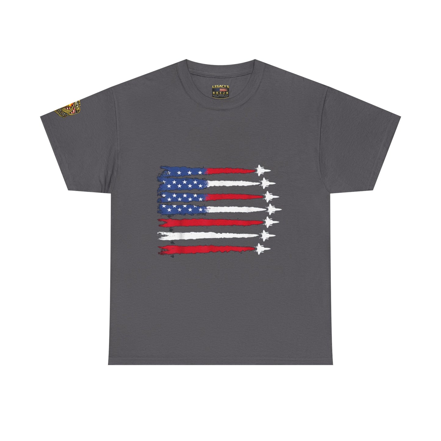 Patriotic Fighter Jet Flag Tee â€” American Flag with Jet Silhouettes w/Legacy 5 Brand Crest