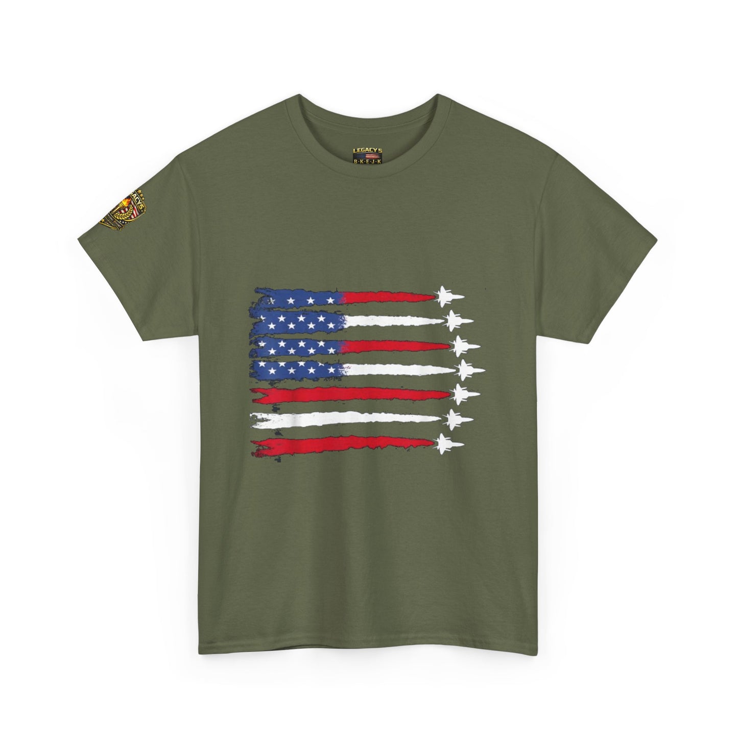 Patriotic Fighter Jet Flag Tee â€” American Flag with Jet Silhouettes w/Legacy 5 Brand Crest