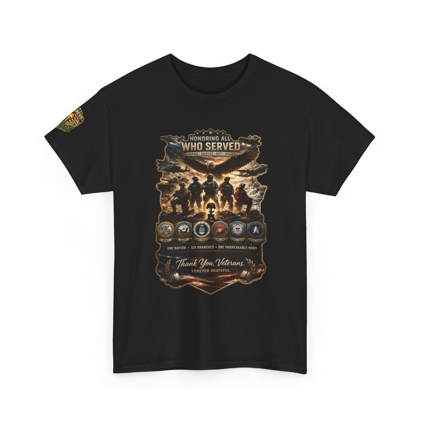Thank You Veterans Tribute T-Shirt â€” "Who Served" Military Appreciation w/ Legacy 5 Brand Crest