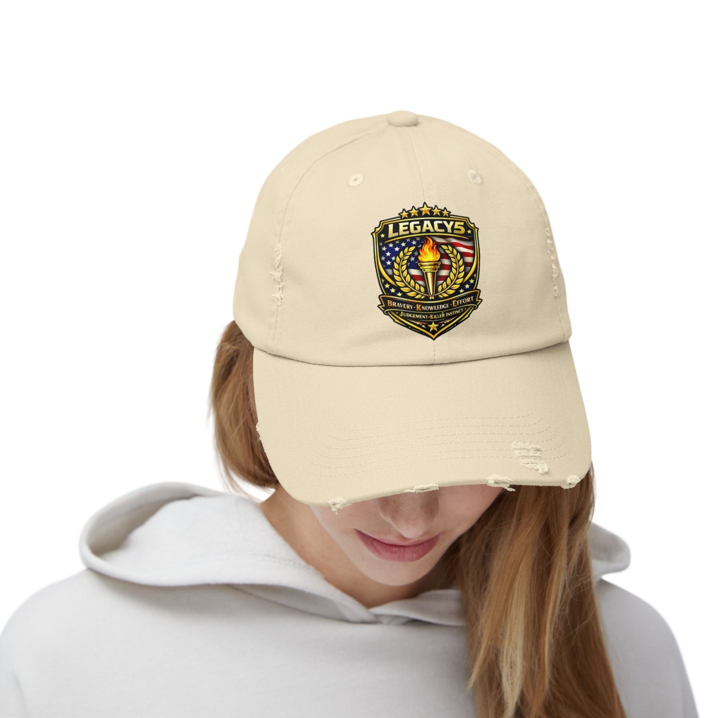 Legacy Shield Distressed Cap — Patriotic Torch Embroidered Hat